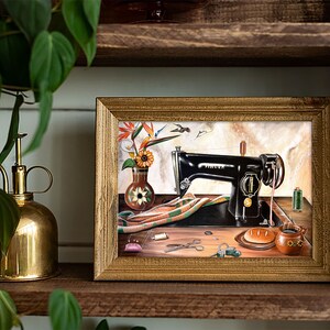May include: A framed painting of a vintage Singer sewing machine with a spool of thread, a loaf of bread, a cup of coffee, and a vase of flowers. The painting is set on a wooden shelf.
