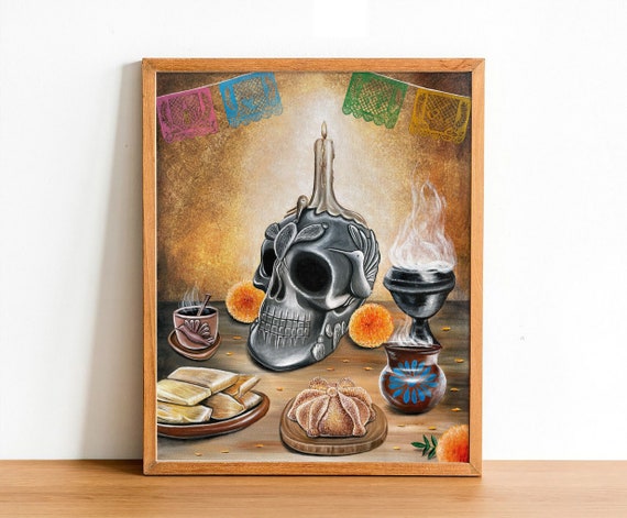 La Ofrenda Art Print, Day of the dead art, Mexican Folk Art, skull art, marigold art, Pan de muerto, barro mexicano, papel picado, catrina