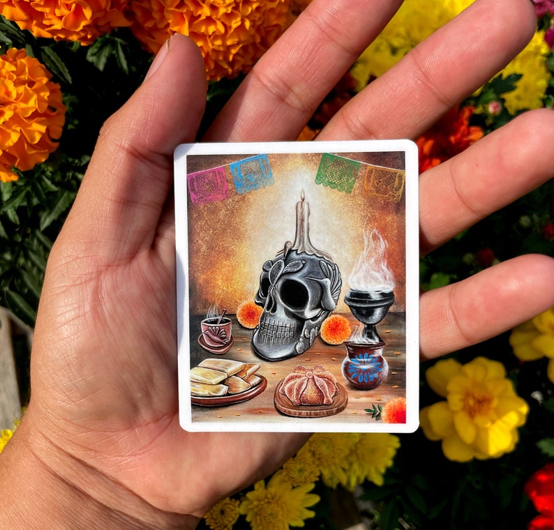 May include: A Day of the Dead altar with a sugar skull, candles, and traditional Mexican food offerings. The altar is decorated with colorful paper flags and flowers.