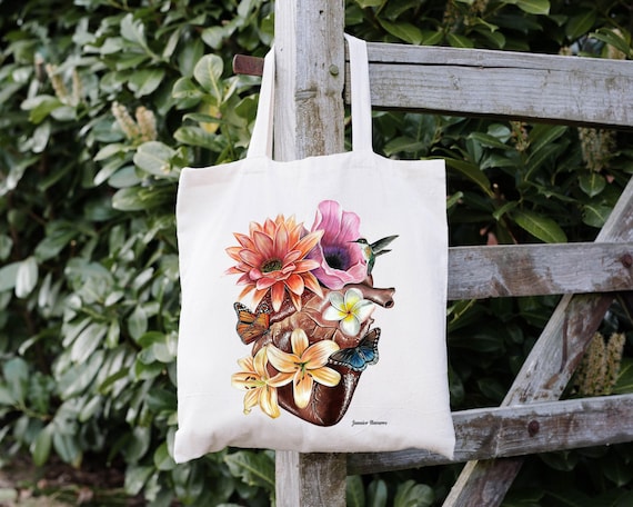 Corazon Fuerte Tote Bag, Flowers tote bag, Heart with Flowers, Anatomical Heart bag, Floral tote bag, heart anatomy bag, Nursing Gift, bags