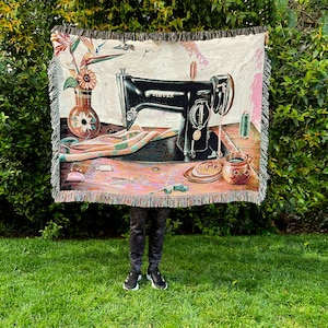 Manta La Maquina de la Abuela, Manta Tejida, arte de la máquina de coser, decoración de la sala de costura, arte mexicano, ideas de costurera, regalos de la abuela