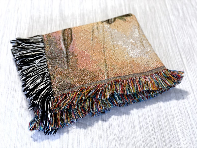 May include: A woven throw blanket with a colourful fringe border. The blanket features a tapestry-like design with shades of brown, beige, and orange.