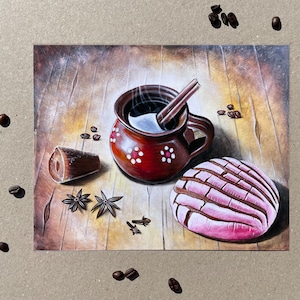 May include: A still life painting of a steaming cup of coffee with a cinnamon stick, a brown sugar cube, star anise, and a pink and white concha pastry on a wooden table.