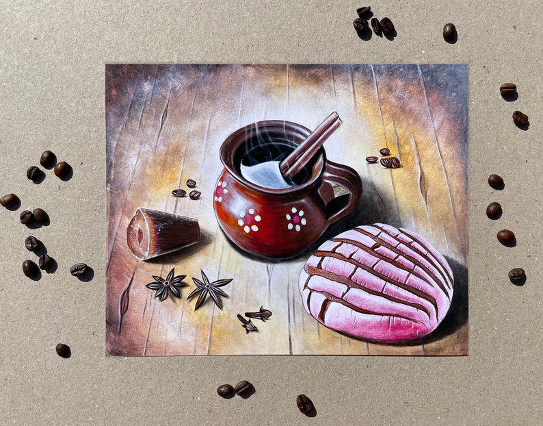 May include: A still life painting of a steaming cup of coffee with a cinnamon stick, a brown sugar cube, star anise, and a pink and white concha pastry on a wooden table.