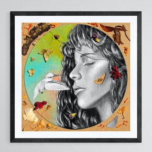May include: A black and white illustration of a woman's face with her eyes closed. The woman's face is surrounded by a circle of dried flowers and leaves. A white hummingbird is flying towards the woman's face.