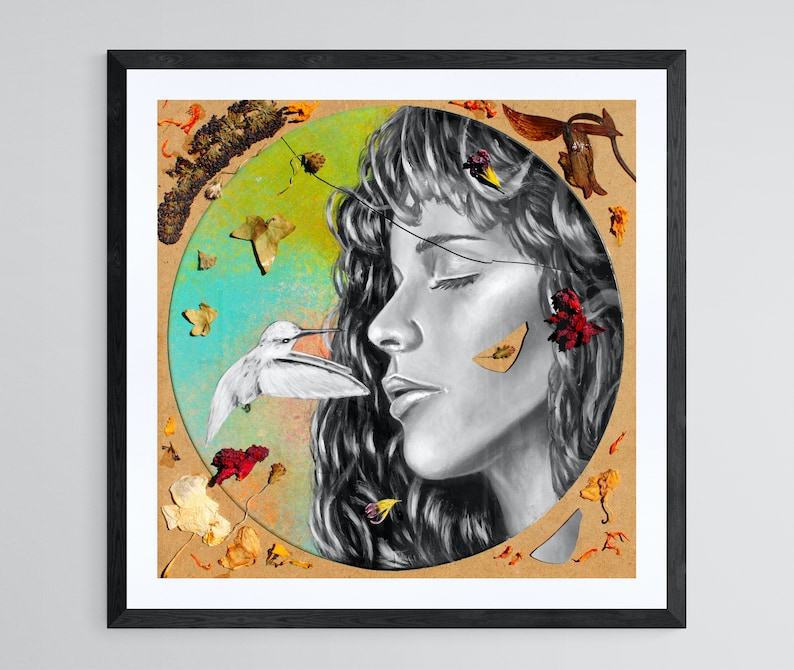 May include: A black and white illustration of a woman's face with her eyes closed. The woman's face is surrounded by a circle of dried flowers and leaves. A white hummingbird is flying towards the woman's face.
