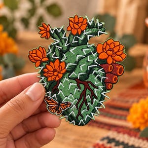 Anatomical Nopal Heart Iron-On Patch, Embroidered Cactus Heart with Orange Flowers & Monarch Butterfly, Mexican Folk Art Patch, Cactus Gift.