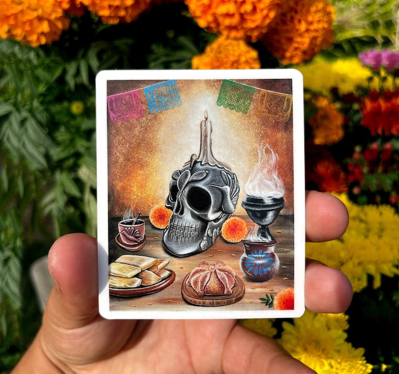 May include: A Day of the Dead altar with a sugar skull, candles, and traditional Mexican food offerings. The altar is decorated with colorful paper banners and flowers.