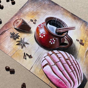 May include: A hand-drawn illustration of a steaming cup of coffee with a cinnamon stick, a sweet bread, and spices on a wooden surface.