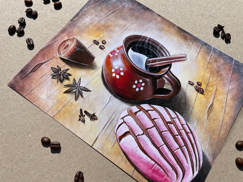 May include: A hand-drawn illustration of a steaming cup of coffee with a cinnamon stick, a sweet bread, and spices on a wooden surface.