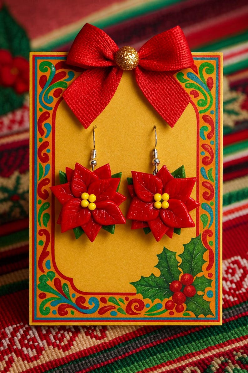 May include: A pair of red poinsettia earrings with yellow centers and green leaves, displayed on a yellow card with a red bow. The card has a decorative border and holly accents, perfect for the holiday season.