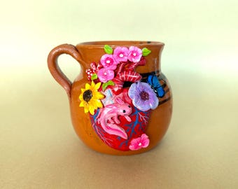 Corazon Fuerte Mug, Handmade polymer clay mug, Artisanal Mug, Anatomical Heart, heart anatomy, mexico mug, Nursing Gift, heart cup
