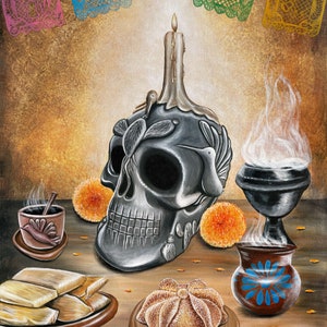May include: A Day of the Dead altar with a silver skull, a lit candle, a censer with smoke, a cup of coffee, pan dulce, and tamales. The altar is decorated with colorful paper banners.