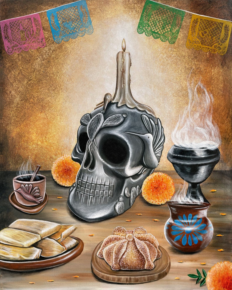 May include: A Day of the Dead altar with a silver skull, a lit candle, a censer with smoke, a cup of coffee, pan dulce, and tamales. The altar is decorated with colorful paper banners.