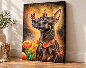 Lienzo impreso de Xoloitzcuintli, Día de Muertos, Arte de caléndula, Arte popular mexicano, Impresión artística de Xolo, perro sin pelo mexicano