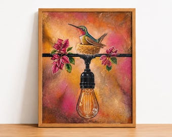 Carmelita the Hummingbird Art Print, Hummingbird Wall Art, Bird Nest Painting, Rustic Home Decor, Floral Art, hummingbird painting, Birds