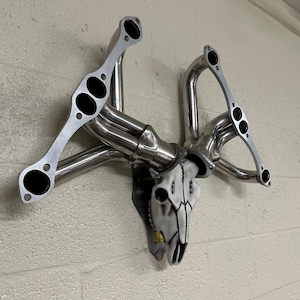 May include: A silver metal sculpture of a skull with a pair of exhaust manifolds attached to the sides, resembling antlers. The skull is painted white with black details and a gold accent on the nose.