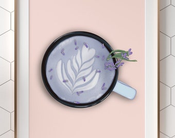 Lavender latte printable poster, Coffee art drawing, Digital painting, PDF, Print at home, Instant download print, Whimsical purple latté