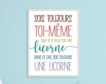 Unicorn French quote printable, Sois une licorne, Rainbow saying, Typography art print, Instant download, Be yourself, Funny home décor