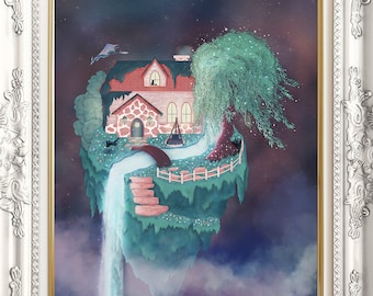 Floating island painting, Magical cottage art poster, Fantasy wall art, Enchanted home, Whimsical print, Nursery décor, Geek art, Fairy tale