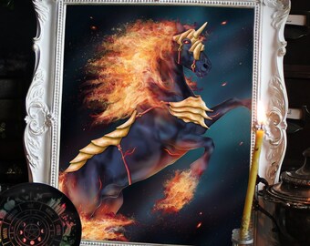 Nightmare horse painting, Fire unicorn illustration, Fantasy artwork, Magical wall art, Digital painting, Magic art print, Moody painting