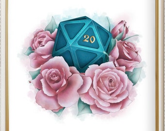 D20 floral printable, D&D art, Geek watercolor poster, Dungeons and Dragons painting, Watercolor blue dice, Tabletop girl gift idea, Nerdy