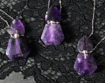 Amethyst bottle necklace - Stainless steel chain - Purple hand-carved crystal - Natural stone - Focus gemstone - Perfume - Essential oil