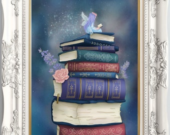 Books and reading fairy painting, Magical art poster, Book stack fantasy wall art, Whimsical print, Nursery décor, Geek art, Fairy tale
