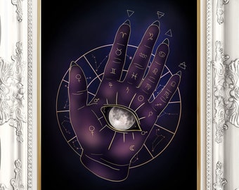 Palmistry art, Witchy poster print, Hand lines, Navy, Violet, Gold, Moon Witch, Constellations illustration, Celestial wall art, Magic décor