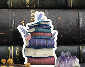 Book sticker, Reading fairy art, Stack of books, Book lovers vinyl stickers, Magical whimsical artwork, Geek sticker, Fairy tale, Fantasy