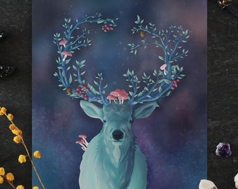 Forest spirit elk print, Woodland mushroom deer, Green galaxy wapiti poster, Fantasy wall art, Magical painting, Whimsical nursery decor
