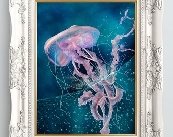 Jellyfish painting, Whimsical sea creature, Magical art poster, Fantasy wall art, Pastel print, Nursery décor, Ocean scene illustration