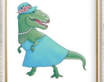 She-Rex, T-Rex, Tea party, Hat, Dress, Printable art, Roses, Blue, Green, PDF, Print at home, Digital print, Whimsical, Fantasy, Funny pun