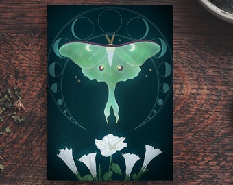 Luna moth painting, Magical moon flower poster, Lunar fantasy wall art, Digital print, Magic, Pink moon, Whimsical, Nursery décor, Phases