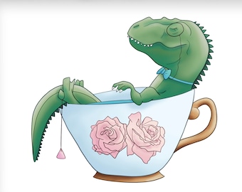 Tea-Rex, Teacup, British T-rex, Printable art, Tea, Roses, Gold, Green, PDF, Print at home, Digital print, Whimsical, Fantasy, Funny pun