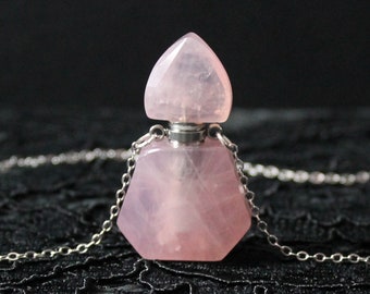 Rose quartz bottle necklace - Stainless steel - High grade hand-carved crystal - Natural stone - Love gemstone - Perfume - Essential oils
