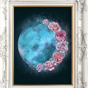May include: A blue moon with a floral wreath of pink and purple flowers on a dark blue background. The moon has a textured surface and is surrounded by a soft glow.