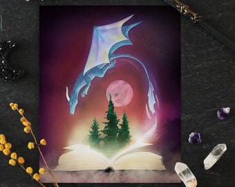 Dragon painting, Magical book poster, Fantasy wall art, Digital print, Magic, Pink moon, Whimsical, Nursery decor, Geek art, Fairy tale