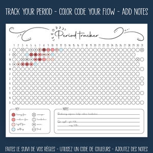 Puede incluir: Un calendario de seguimiento del período imprimible con un diseño en blanco y negro. El calendario tiene una clave con círculos de diferentes colores que representan el flujo abundante, el flujo medio, el flujo ligero y el manchado. El calendario también tiene una sección de notas con líneas para escribir.