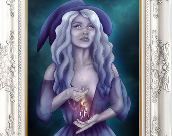 Moon witch illustration, Beautiful purple woman, Magical, Fantasy wall art, Digital painting, Magic, Wicca, Goddess, Art print, Crescent