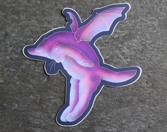 Bat cat vinyl sticker, Cute feline art, Galaxy witch, Witchy illustration, Purple, pink, blue, Fantasy, Waterproof, Winged kitty, Celestial