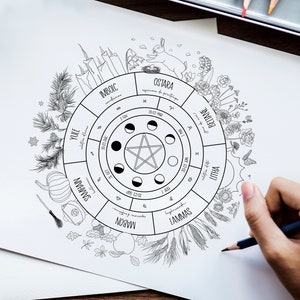 Wheel of the year coloring page, Wicca poster printable, Witchy digital print, Astrology, Celestial wall art, Magick décor, Seasons, Moon