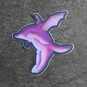 Autocollant chat ailé galaxie, Vinyle, Mauve, Rose, Turquoise, Collant fantaisiste, Sticker, Autocollant witchy, Chaton volant, Violet