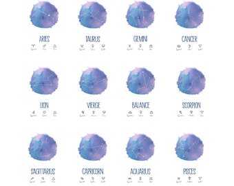 All 12 zodiac constellations poster, Astrology printable, Galaxy watercolor digital print, Celestial wall art, Wall décor, Pastel purple