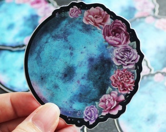Blue moon sticker, Floral moon vinyl sticker, Roses, Magical artwork, Celestial witch sticker, Fantasy painting, Witchy grimoire decor