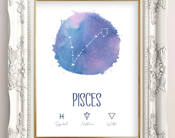 PISCES constellation poster, Zodiac, Astrology printable, Galaxy watercolor digital print, Celestial wall art, Wall décor, Pastel, Purple