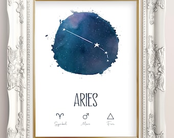 ARIES constellation poster, Zodiac, Astrology printable, Galaxy watercolor digital print, Celestial wall art, Wall décor, Navy, Purple, Pink
