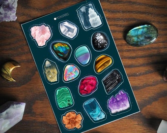 Crystals sticker sheet, Crystal art, Witchy fantasy painting, Colorful vinyl stickers, Magical whimsical artwork, Witches grimoire art