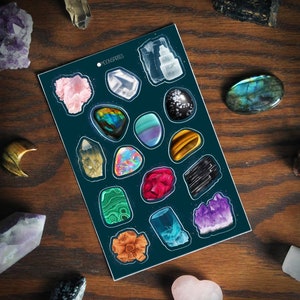 Feuille d'autocollants de cristaux, Vinyle, Améthyste, Quartz rose, Witchy, Dessin de cristal, Cadeau pour sorcière, Illustration fantaisie