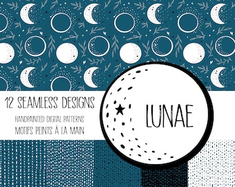 Lunae seamless pattern, Moon phases digital paper, Endless repeatable celestial design, Teal, Black, White, Luna, Stars, Witchy illustration